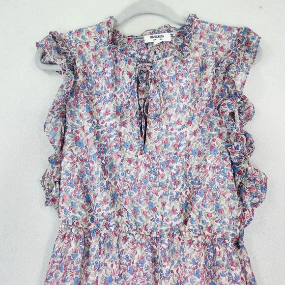 BB Dakota Dress Womens Large Blue Pink Floral Ruffle Tiered Maxi Peasant Cottage - Picture 2 of 13